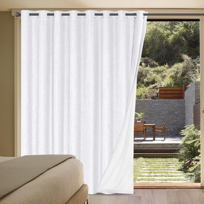 H.VERSAILTEX Linen Blackout Curtains Durable Thick Textured Linen Look 100% Blackout Patio Door Curtain Anti Rust Grommet Extra Wide Sliding Door Curtain Panel, W100 x L84 inch - White