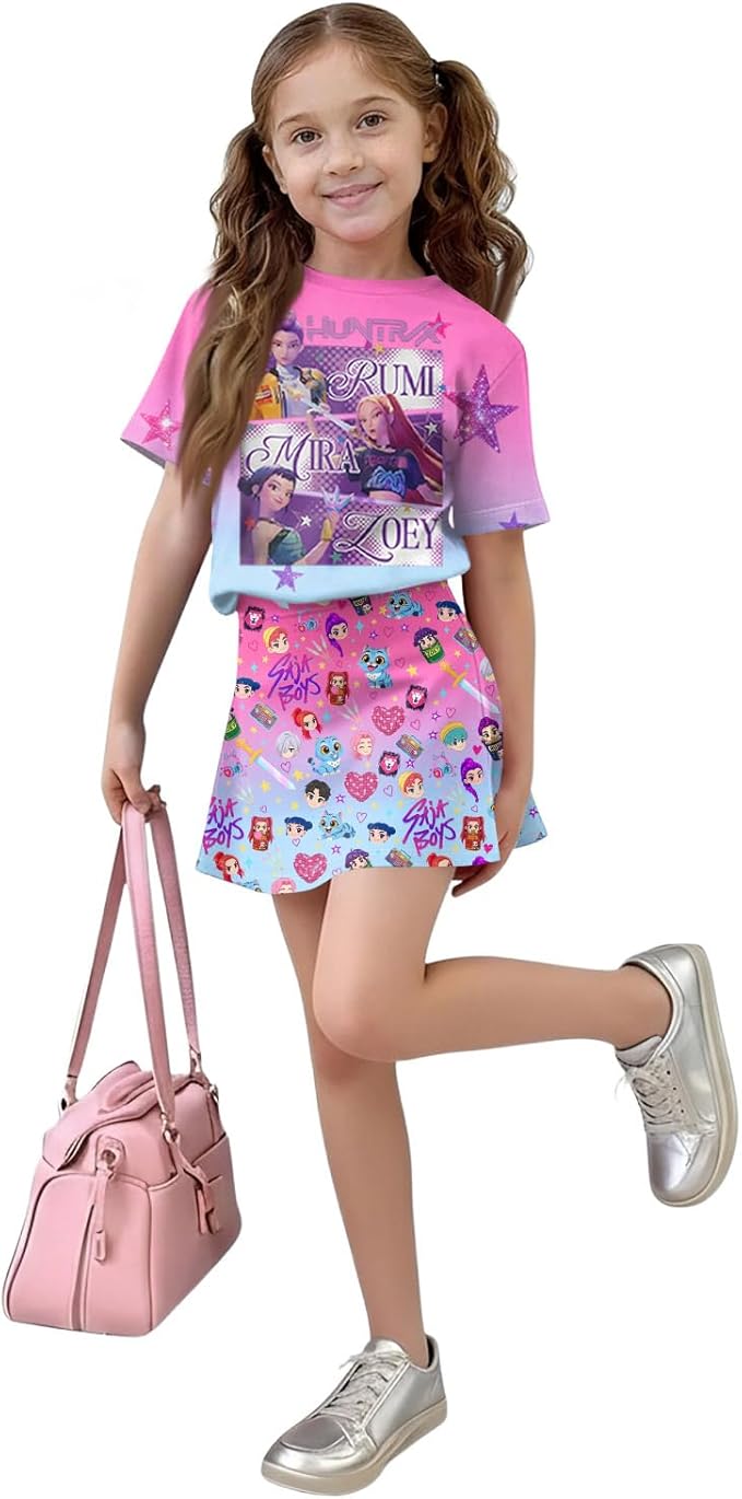HTHLVMD K Pop Short Sleeve T-Shirt and Skirts Outfits Set for Girls Hunters Rumi Mira Zoey Graphic Tees De-Mon Costume
