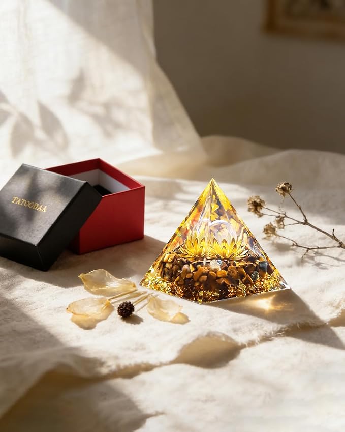 Orgone Pyramid with Healing Crystals - (Flower of Life) - Energy Generator for Positive Vibe, Stress Relief & Chakra Reiki Meditation - Spiritual Gift for Success, Wealth & Prosperity (Golden)