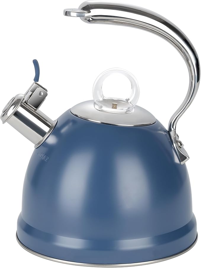 Harriet Tea Kettle Stovetop, 2.5 Quart Whistling Stainless Steel Tea Pot, 3-Layer Base, Unique Ergonomic Handle, Includes Pot Holder & Mat, Electric/Induction/Gas Stovetops Applicable, Blue
