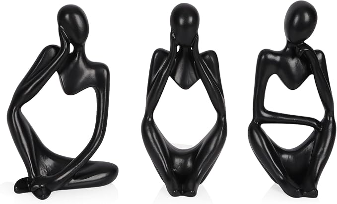 Sandstone Resin Thinker Statue Style Abstract Sculpture, Black, 3pcs | Small Statue Collectible Figurines, Modern Aesthetic Ornament for Home Office Bookshelf Desktop Coffee Table Decor