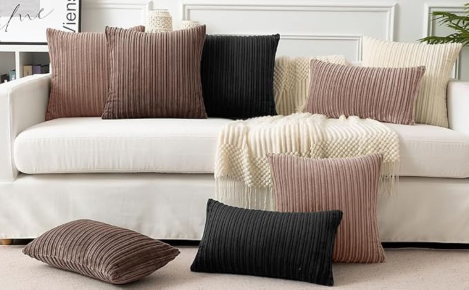 UGASA Fall 14x24 Inch Pillow Cover Pack of 1 Soft Boho Stripe Corduroy Long Rectangle Lumbar Cushion Case Farmhouse Decorative Throw Pilowcase for Bed, Couch, Sofa, Bedroom, Living Room, Dark Brown