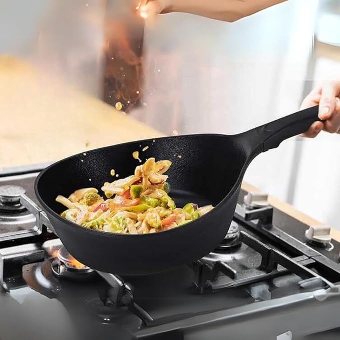 Vulcan Kitchen Nonstick 8-Inch All Black Profeesional Frying Wok Pan, Induction Compatible Cookware, Healthy Cooking Ceramic T-Coating Skillet, Flat Bottom Mini Stir Fry Pan, Made in Korea (20cm)
