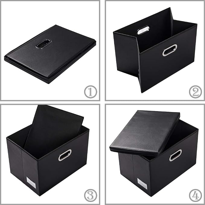 Collapsible Storage Bins with Lids [3-Pack] Leather Fabric Foldable Storage Boxes Organizer Containers Baskets Cube with Cover for Bedroom Closet Office Nursery Black (14.9x10.8x10)