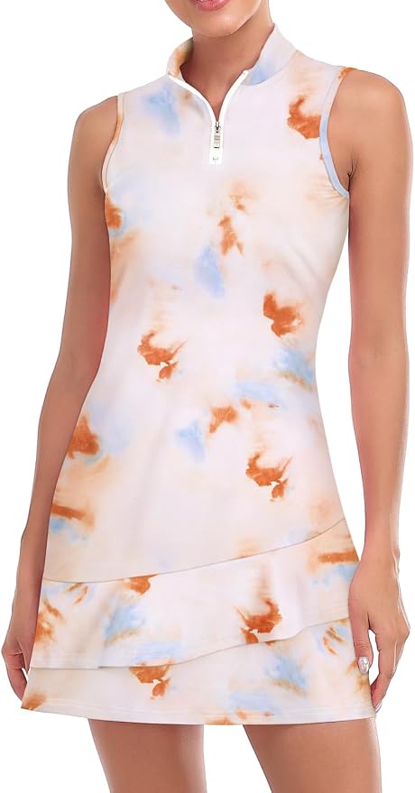 Viracy Tennis Dress for Women Sleeveless Golf Dresses with Shorts and Pockets Ruffle Zip Up Stand Collar Golf Outfits