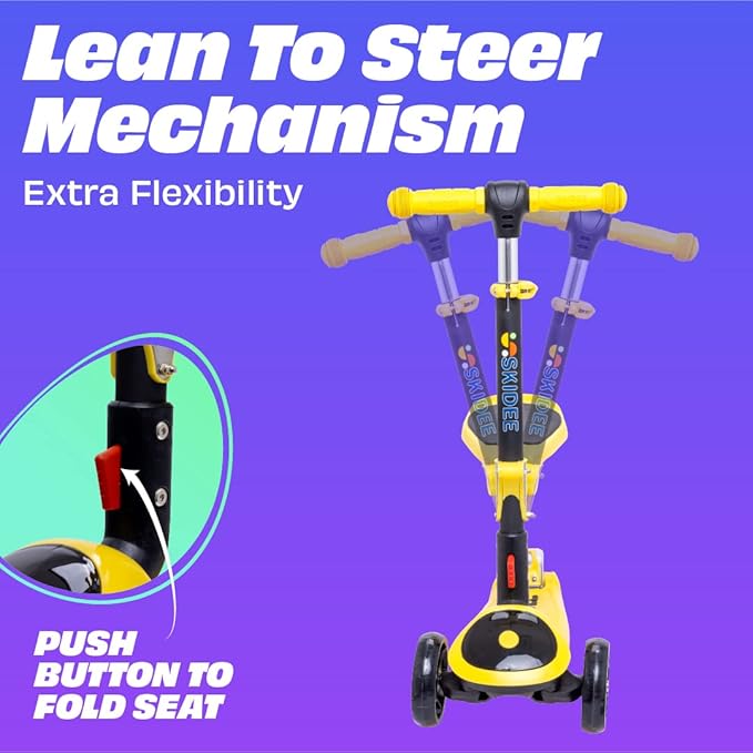 SKIDEE Kick Scooter for Kids Foldable 3 Wheel Scooter with Lean-to-Steer, Adjustable Height, Removable Seat & LED Light Wheels | Toddler Scooter Up to 12 Year Old Boys/Girls