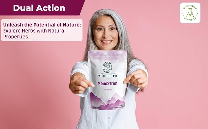MenoXTrim Organic Menopause Relief: Hormone Balance | Bloating | Hot Flashes | Excess Water | Midlife Belly | Yerba Mate, Dandelion, Nettle Leaf, Lemon Balm, Turmeric, Ginger | Natural Açai Flavor.