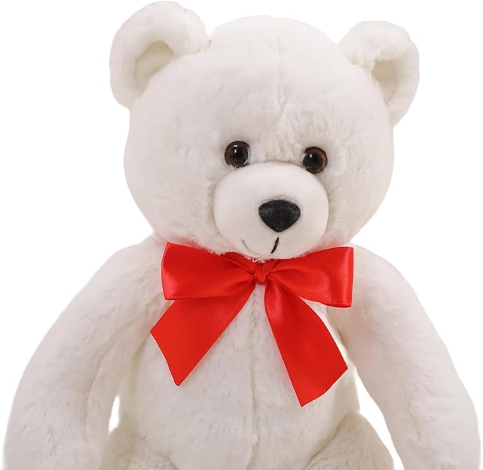 Plushland 15" Sitting Brown Fluffy Bear with Bowknot - Soft Plush Teddy Bear for Kids & Adults - Cuddly Stuffed Animal Gift for All Ages - Adorable Sitting Bear for Home & Nursery Decoration (White)