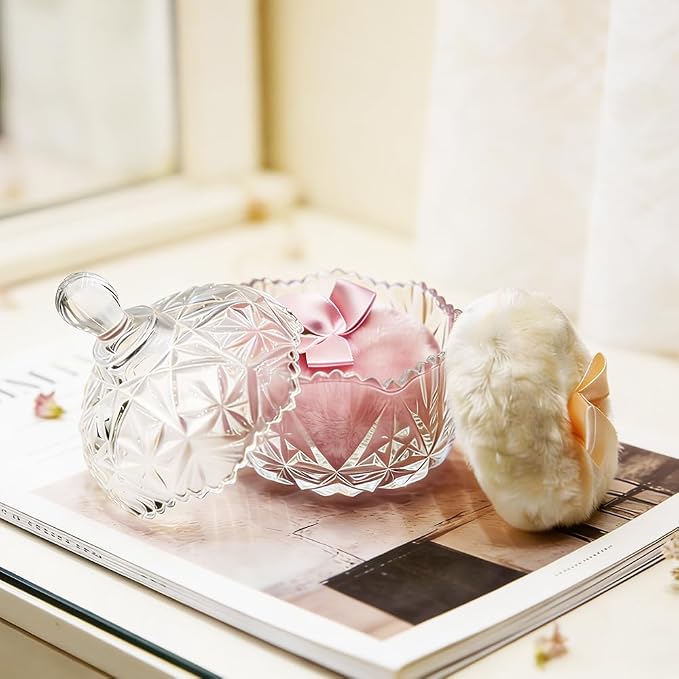 4" Glass Dusting Powder Container with 2 Fluffy Puffs,Cute 3.5" Soft Body Powder Puff and Jar Set(Crown-clear)