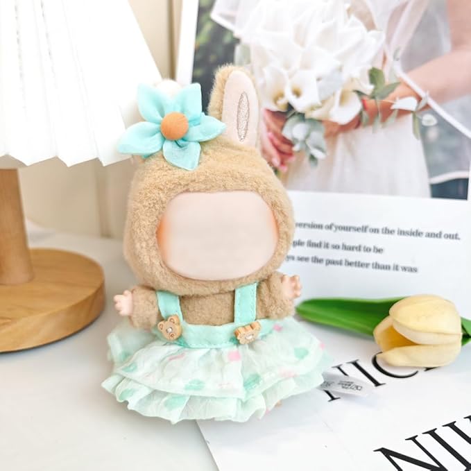 One Set Kawaii Doll Clothes for 17cm Plush Dolls - Green Floral Collection Dress + Hat + Bag + Hair Clip Fits 6.7 Inch Mini Dolls (No Doll No Glasses)