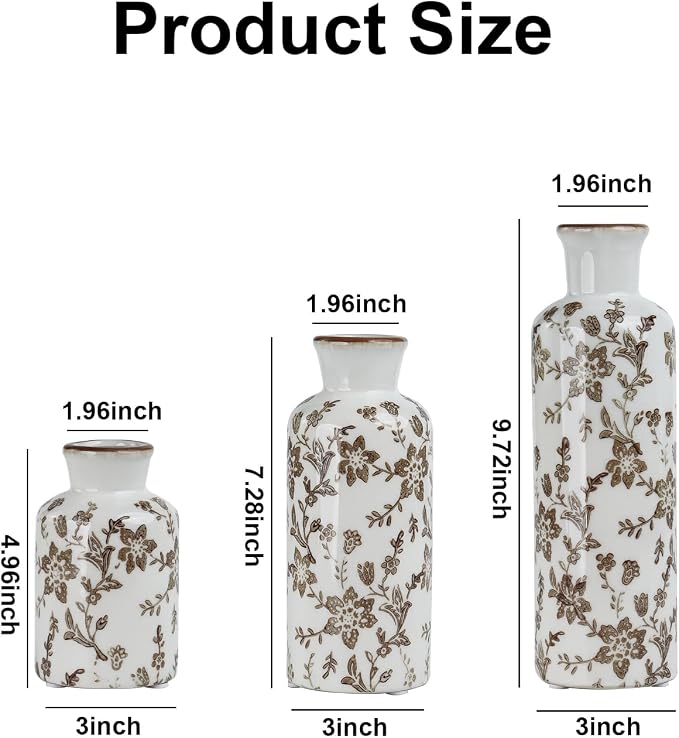Brown Ceramic Vase Set of 3, Vintage Brown Floral Vases for Home Decor | Crackle glaze and distressed rims for living room mantels and dining table centerpieces