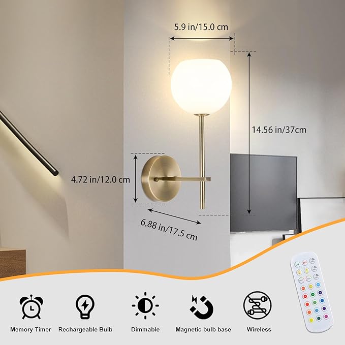 Brass Battery Operated Wall Sconces Set of 2, Rechargeable Wireless Wall Lights with Milky White Frosted Glass, 12 RGB and 3CCT Dimmable, Wall Lamps with Remote for Bedroom Living Room Hallway