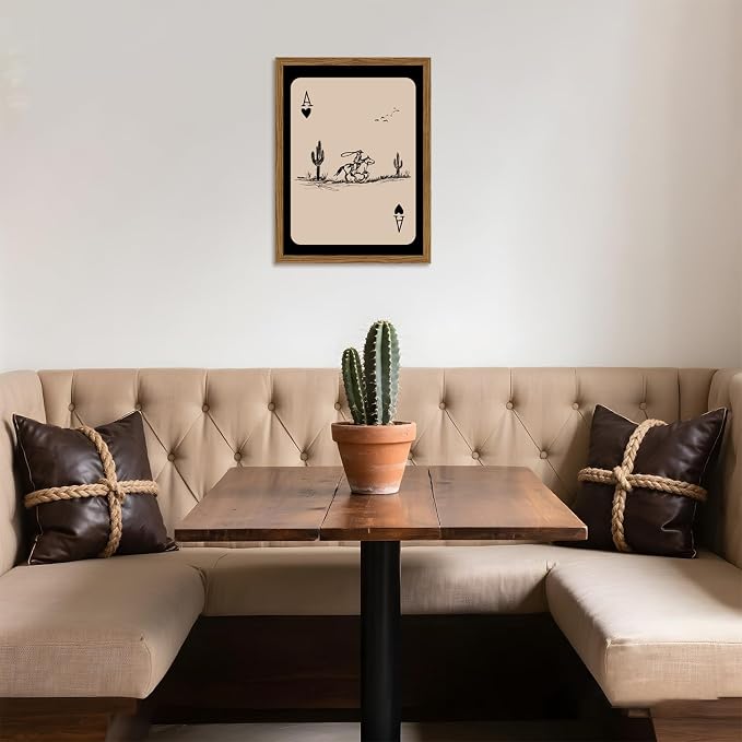 Western Cowboy Wall Art Vintage Southwest Wall Decor Painting, Western Playing Card Canvas Prints, Retro Cactus Sketch Artwork for Bedroom Living Room 16x24 inch Wood Framed