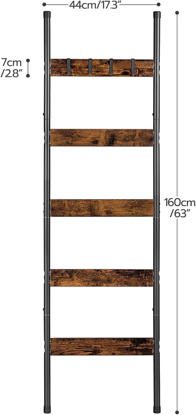 HOOBRO Blanket Ladder, 5-Tier Towel Rack with Hooks, Wall-Leaning Blanket Rack, Decorative Display Ladder Shelf, for Scarves, Industrial, Living Room, Bedroom, Rustic Brown and Black BF52CJ01