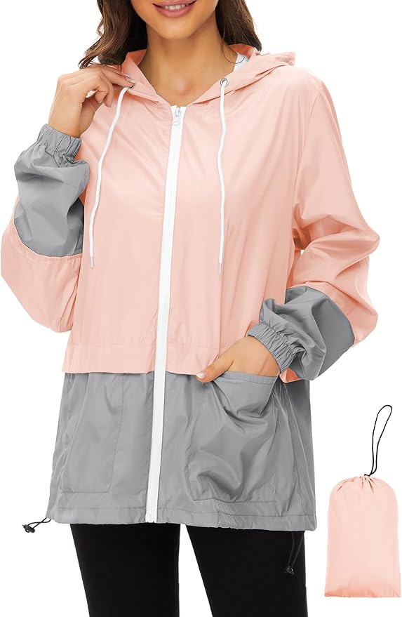 Zando Lightweight Rain Jacket Women Packable Waterproof Raincoat with Hood | Windbreaker Jacket Women, Light Raincoats for Drizzle, Rain Coats for Travel, Hiking and Commute
