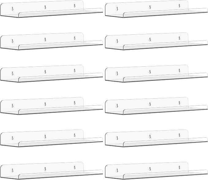 Qukaka Floating Shelves for Wall Decor, 15" Extra Clear Wall Shelves for Bedroom, Living Room, Kitchen, Bathroom Decor, Nail Polish/Book/Decoration/Makeup/Perfume Organizer Floating Shelf-12Pack