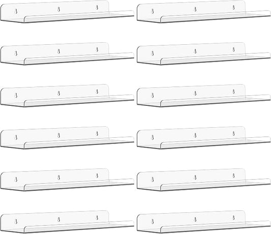 Qukaka Floating Shelves for Wall Decor, 15" Extra Clear Wall Shelves for Bedroom, Living Room, Kitchen, Bathroom Decor, Nail Polish/Book/Decoration/Makeup/Perfume Organizer Floating Shelf-12Pack