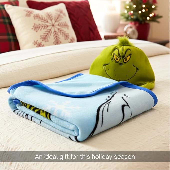 Dr. Seuss The Grinch Holiday Christmas Bedding Super Plush Cozy Throw, 40 in x 50 in, Bonus Grinch Hat Included (Officially Licensed Product) by Franco