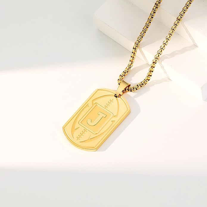 Initial A-Z Dog Tag Necklace for Men - Football Charm Pendant, Stainless Steel Chain 22+2 Inches, Personalized Sports Athletes Jewelry Gift