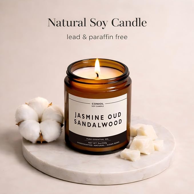 Jasmine Oud Sandalwood Scented Candles for Home, Natural Soy Wax Candle with Essential Oils, 9oz Amber Jar Aromatherapy Candel, 50H Long & Non-Toxic Burning, Hand Poured, Giftable, Relaxation