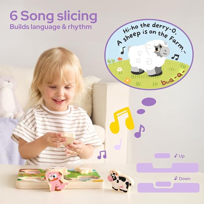 lalalark Musical Wooden Puzzles Toys, Tactile & Sound Farm Animal Toys for Baby 2-4, Montessori Educational Block Puzzles, Learning Toddler Kids Birthday Gifts for 2 Years Old Boys Girls