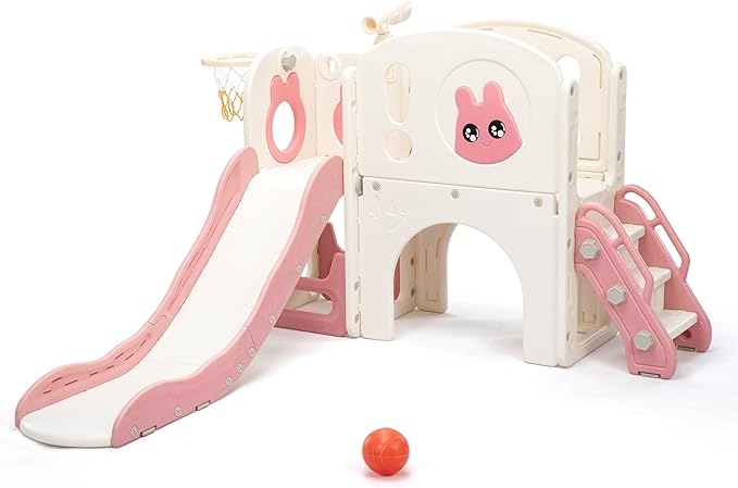 NYEEKOY 8-in-1 Toddler Slide and Climber Playset, Kids Slide Playground with Stairs, Tunnel, Telescope, Storage, Basketball Hoop and Ball, Indoor Outdoor, 1-3 Years Old, Pink