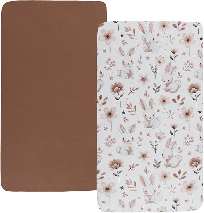 Pack n Play Sheet Stretchy Fitted Portable Mini Crib Sheets Set 2 Pack,Playard Sheets Convertible Playard Mattress Cover,Ultra Soft Jersey Material, Brown & Rabbit