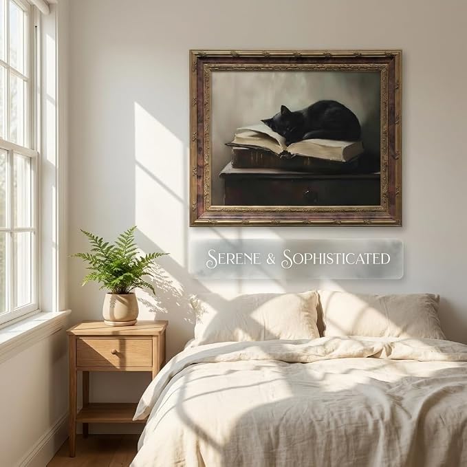Vintage Moody Gothic Black Cat Wall Art, Dark Academia Cat Canvas Print, | Sleeping Cat on Antique Books Painting Poster, Literary Picture Wall Decor for Living Room Bedroom Office 16x24 In