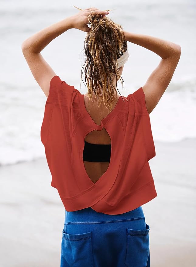 Kumufenc Women Short Sleeve Workout Shirts Open Back Tops Casual Yoga Y2k Athletic Gym Slouchy Crop Running Tees