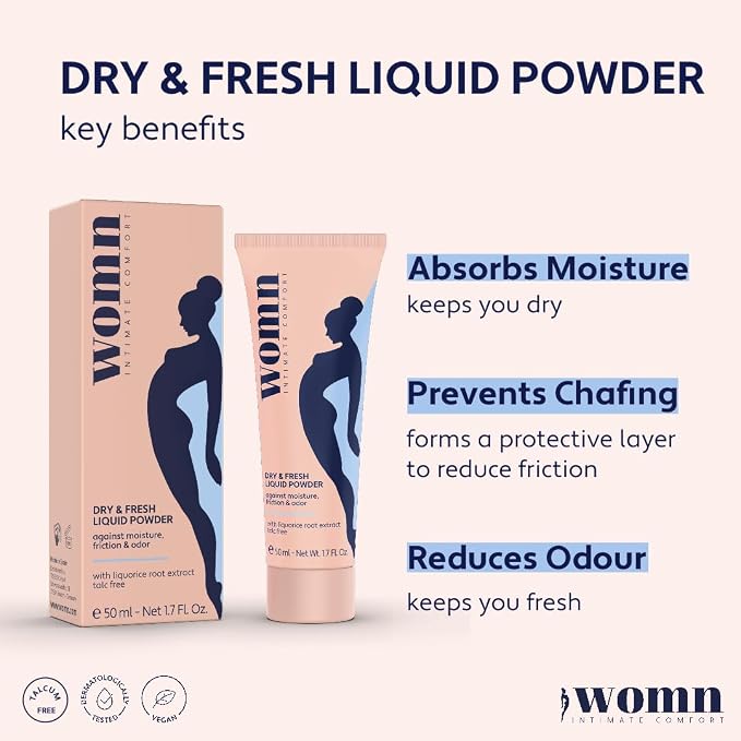 womn Liquid Body Powder for Women, Sweat, Chafing & Odor Relief 1.7 fl oz | Talc-free cream-to-powder formula. Absorbs moisture, helps reduce friction & odor. For groin, underboob & inner thighs.