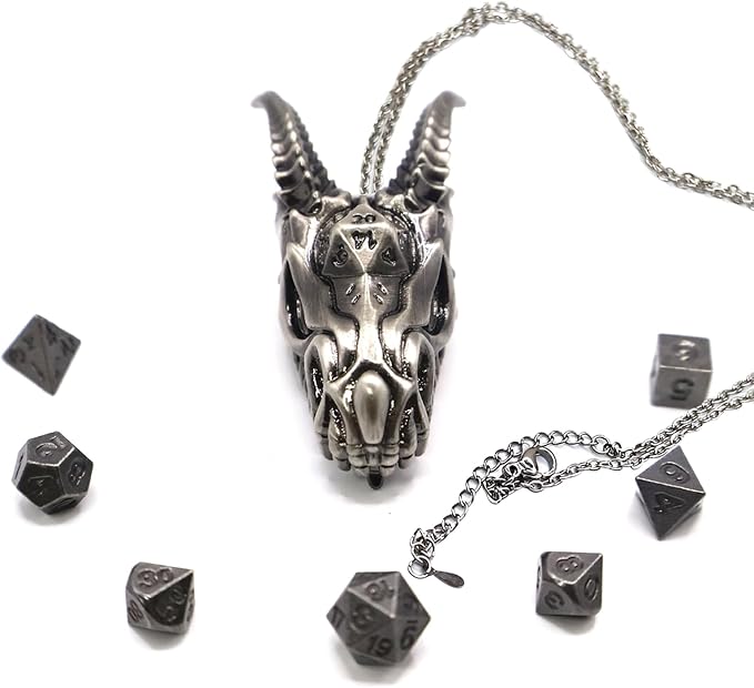 2025 Dragon Necklace for DND Dice Set, 7-in-1 Dragon Metallic D&D Dice with Gift Case for Dungeons and Dragon Game, RPG Role Playing Table Game Gifts (Silver)