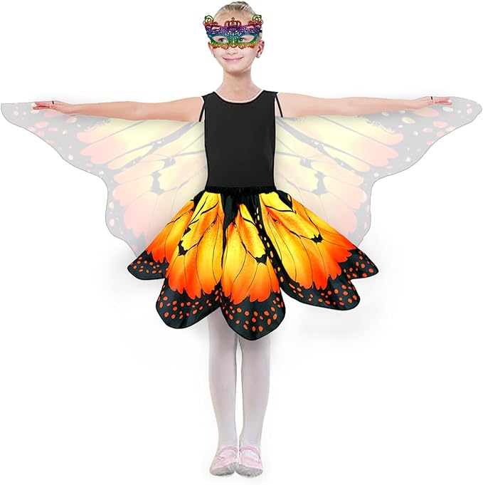 Kids Butterfly Wings Costume for Girls Fairy-Wings Toddler Dress Up Play Costumes Butterfly Skirt Set Mask Party Favors Gifts(Orange+skirt sets)