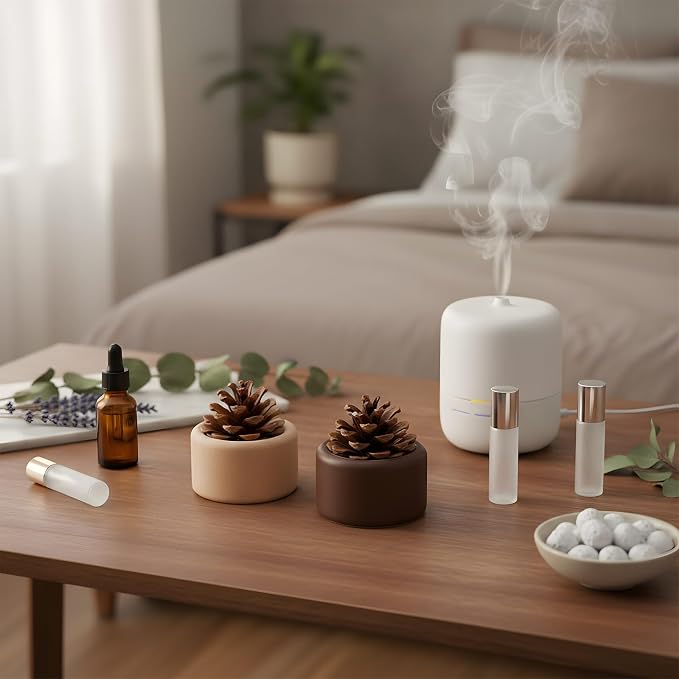 Teenyyou 4 Pcs Pinecone Passive Diffuser for Car Wood Woodpile Essential Oil Diffuser Round and Square Home Office Bedroom Decoration