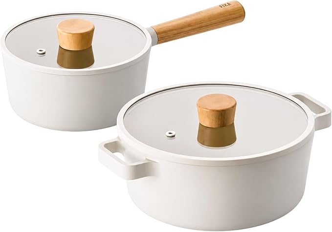 NEOFLAM FIKA 4-Piece Ceramic Coated Nonstick Cookware Set with Glass Lids, 2.7 Qt Casserole Pot & 1.7 Qt Saucepan, Natural Wood Handles, Induction Compatible, Made in Korea