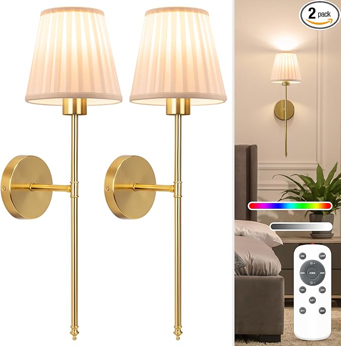 Battery Operated Wall Sconce Set of 2,Beige-Gold Rechargeable Wall Lights with 10400mAh Dimmable Bulbs and Remote, 9 Colors Wireless Wall Lamps for Bedroom Living Room Hallway