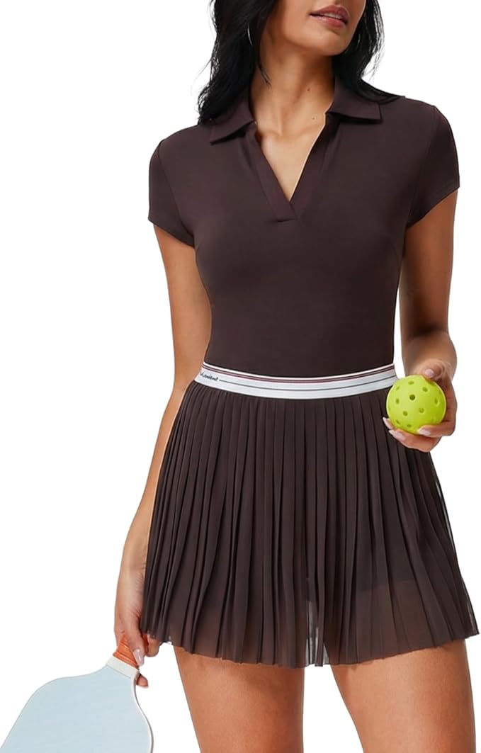 Mudere 2 Piece Golf Outfits for Women Tennis Skirt Set Built-in Shorts | Deep V-Neck Lapel, Silky Breathable High Stretch Fabric, Side Pockets, Activewear, Athletic Wear