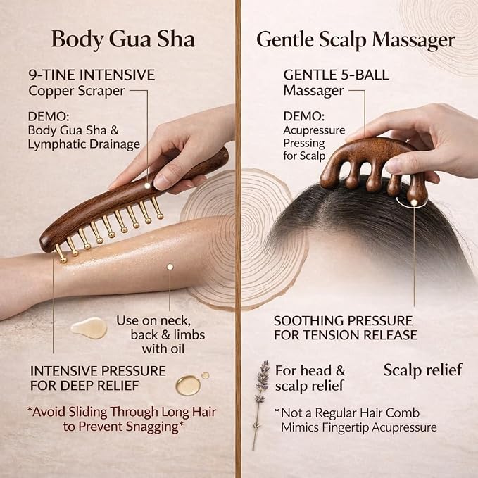 Copper Gua Sha Tool & Scalp Massager Comb Set - Professional Meridian Scraping Kit for Body, Neck & Lymphatic Drainage - Premium Sandalwood & Brass Massage Gift Set - Ideal Mother’s Day Gift