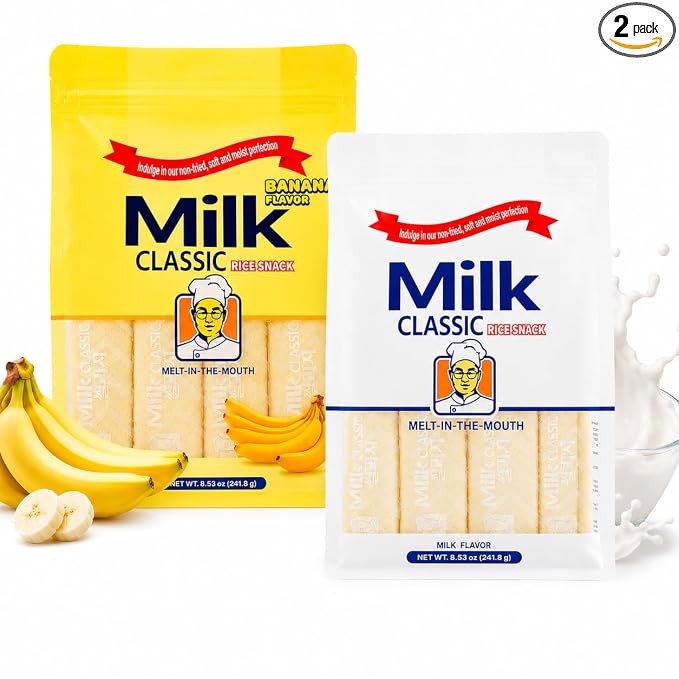 Milk Classic Korean Rice Snack Variety Pack, Banana & Milk Flavor, Non-Fried Crispy Puff Snack, Individually Wrapped Soft Rice Treats, Light Sweet Snack, 8.53oz Each (2 Pack)