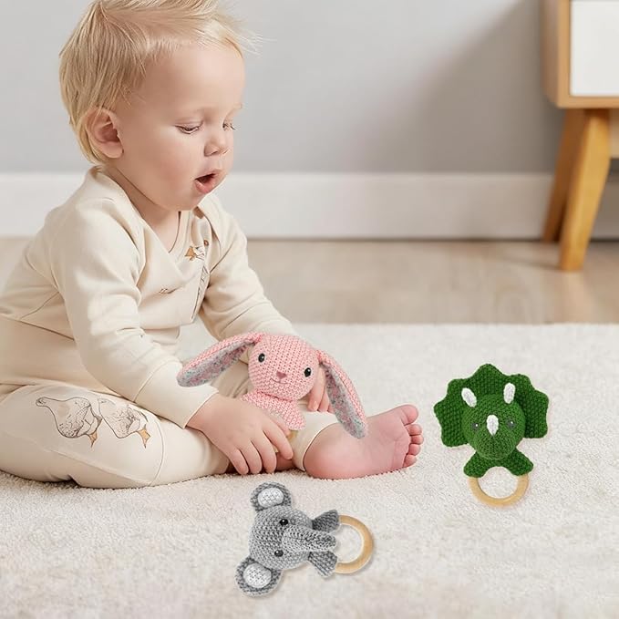 Baby Toys Stuffed Animals Handbell,Triceratops Rattle Toy Wooden Rattle Toys for Baby,Knit Stuffed Animal Cute Rattle with Teether Ring Newborn Birthday Gifts（Triceratops）