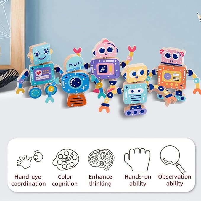 Wooden Robots for Kids Building Blocks, Fine Motor Skills, Boys and Girls STEM Disassemblable Toy Sets, Suitable for Children Aged 3 to 8, Creative Building Toys