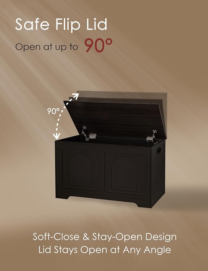 Storage Chest, Wooden Toy Box, Espresso 31.5" L | Entryway Shoe Bench, 2 Soft-close Hinges, Finger-safe Flip-Top Lid, Easy Assembly, Farmhouse Large Trunk, Living Room/Bedroom