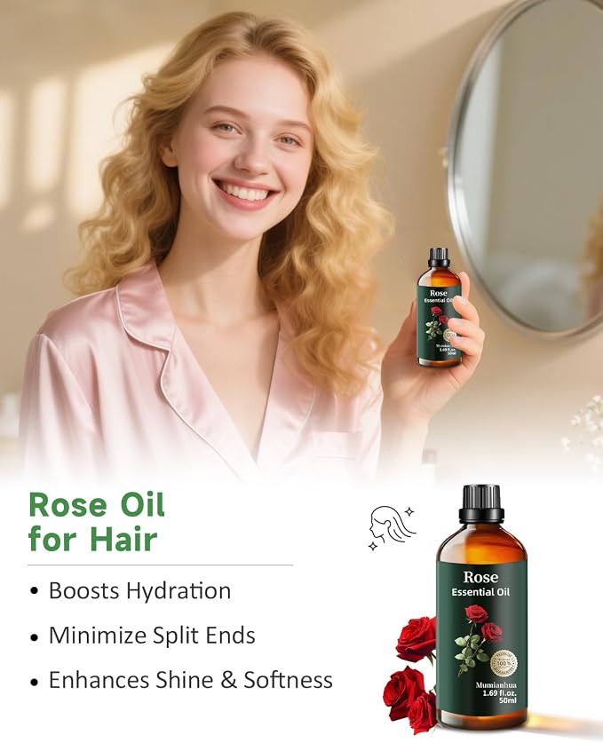 Rose Essential Oil, Floral Scent, Diffuser, Skin & Hair Care, 1.69 Fl Oz | Mumianhua Rose Oil, Steam-Distilled. Rich, Romantic Floral. For Face, Hair, Massage, Perfume & DIY