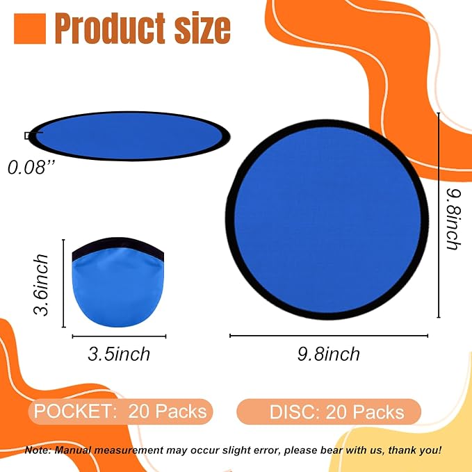 20PCS Foldable Flying Disc Fans with Bags, 9.8'' DIY Handheld Black Egde Fabric Folding Fan for Outdoor Game Activities Birthday Party Favors Gifts, Blue