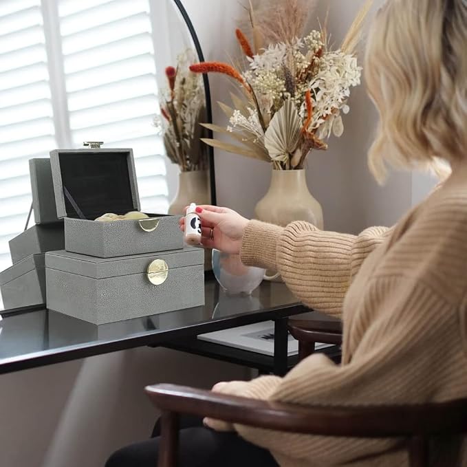 HofferRuffer Faux Leather Jewelry Boxes, Decorative Boxes Storage Accessory Organizer with Gold Hardware Decor, Classic Vegan Leather Set of 2 Pieces (Dark Grey)