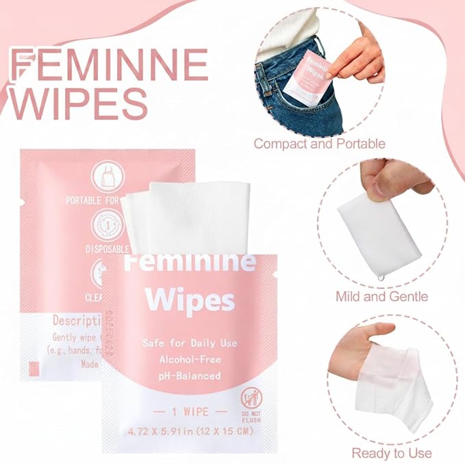 Leelosp 500 Pieces Feminine Wipes Individually Wrapped Women Travel Size Bulk Unscented Intimate Wipes Mild Private Parts Ph Balanced for Travel Bathroom Toilet Daily