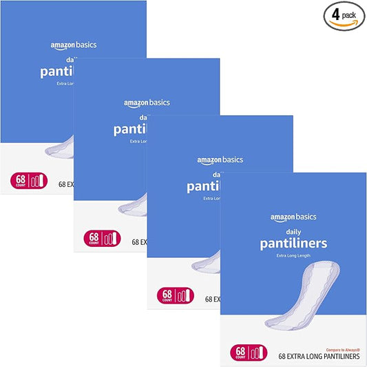 Amazon Basics Daily Pantiliner, Extra Long Length, Thin Feminine Pads for Women, Unscented, Leak Protection, Daily Use, 68 Count (Previously Solimo) (Pack of 4)