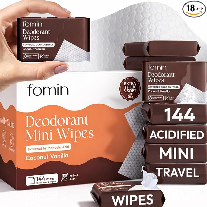 FOMIN Acidified Travel Deodorant Mini Wipes For Women & Men- Coconut Vanilla - 144 Count - pH Balanced, Biodegradeable Mini Deodorant Travel Size - Plastic-Free, Underarm Body Wipes