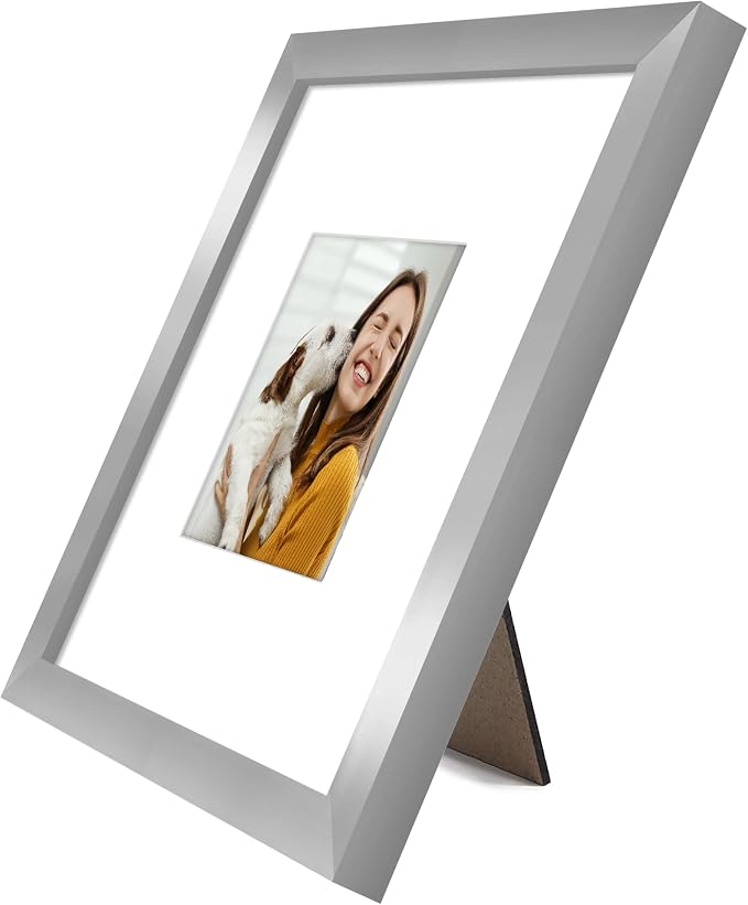 Americanflat 8x8 Picture Frame - Matted to 4x4 - Engineered Wood - Silver | Shatter-resistant glass, wall or tabletop display with included easel, sawtooth hangers included