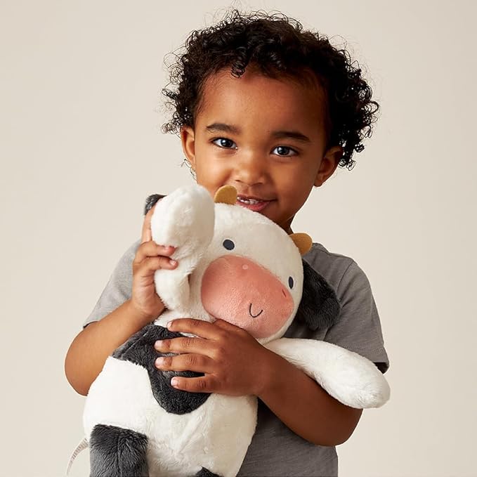 Itzy Ritzy Snuggles Plush Toy – Soft Stuffed Animal for Babies, Kids & Adults – Sensory Ribbons & Textured Fabrics for Tactile Play – Cozy & Cuddly Companion for Newborns & Up (Cow)