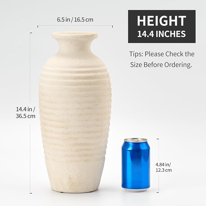 Vaseking Ceramic Natural Rustic Vase, 14.4 Inch Large Vintage Flower Threaded Decorative Farmhouse Tall Vase for Home Decor, Living Room, Shelf Decor, Wedding, Housewarming Gift, Off-White